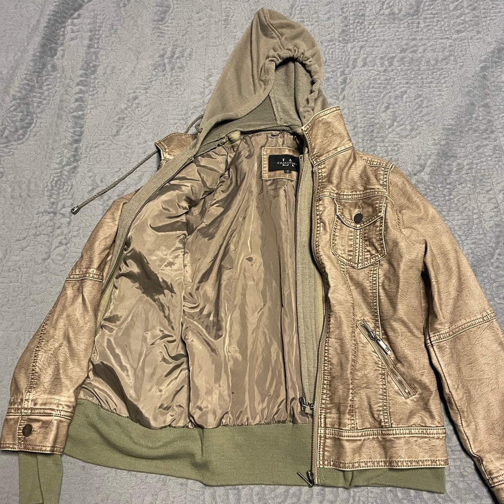Lizard Thicket Gold Leather Jacket with Green Hood